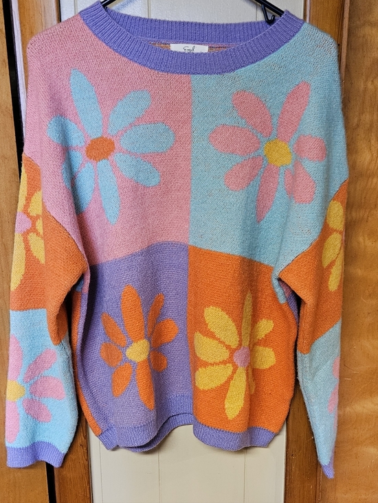 easel Sweaters - Easel Pastel Floral Colorblock Knit Sweater - Pink, Blue & Orange